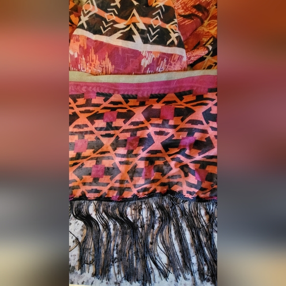 Fringe Wrap Around Formal or Beach Wear 1 Size Aztek Design Orange, Red & Black - Picture 8 of 8